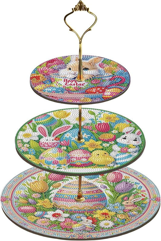 Three-Tier Diamond Painting Wooden Cake Stand DIY Sunflower Diamond Painting Cupcake Towel-Lined Tiered Tray Reusable Pastry Stand (Easter)