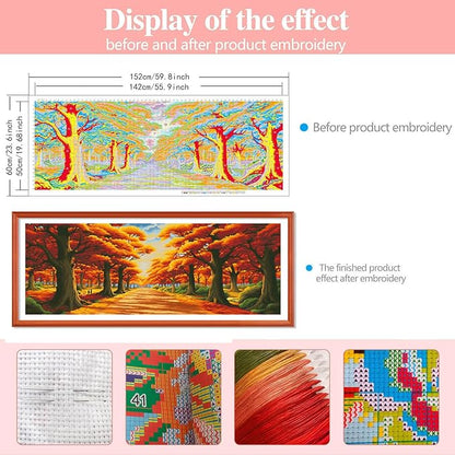 Zhenqing Golden Autumn Cross Stitch Kit – 11CT 152x60cm Large Aida Cloth with Maple Leaves & Stone Path – Warm-Toned Fall Landscape Wall Art Decor(64676)