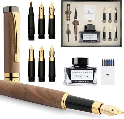 Wordsworth & Black Calligraphy Pen Gift Set, Includes Ink Bottle, 6 Ink Cartridges, Ink Refill Converter, 6 Replacement Nibs, Luxury Bamboo, Journaling, Smooth Writing Pens [Brown Wood]