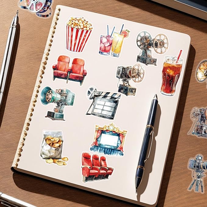 50 Pcs Vintage Movie Projector Stickers Clear Film Camera Retro Cinema Aesthetic Scrapbook Decals Waterproof PET Stickers for Journals Laptops Notebooks Art Crafts