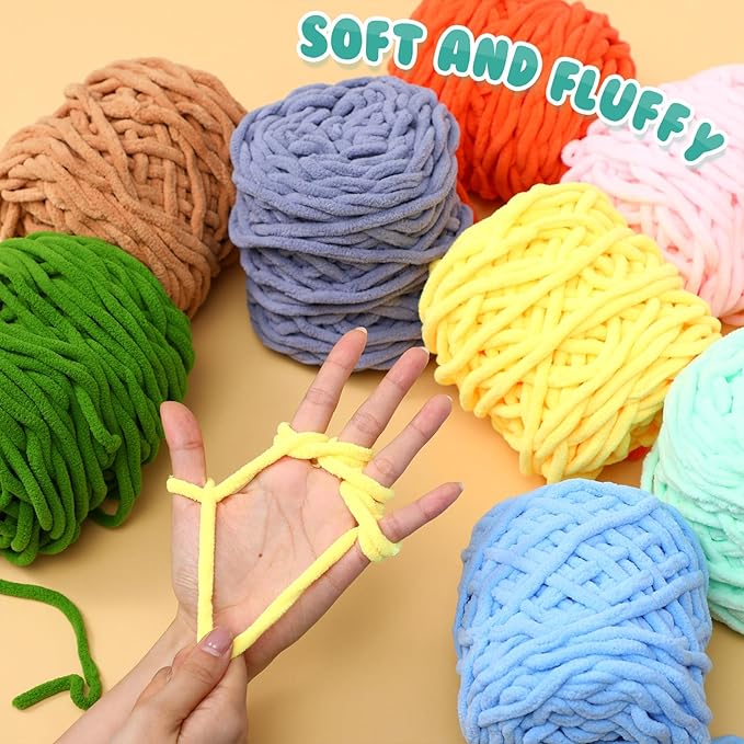 Buryeah 12 Pack Chunky Chenille Yarn for Crocheting Soft Thick Fluffy Yarn for Hand Knitting Bulky Velvet Blanket Plush for Weaving DIY Crafts Each 3.5 oz 55 Yards (Classic Colors)