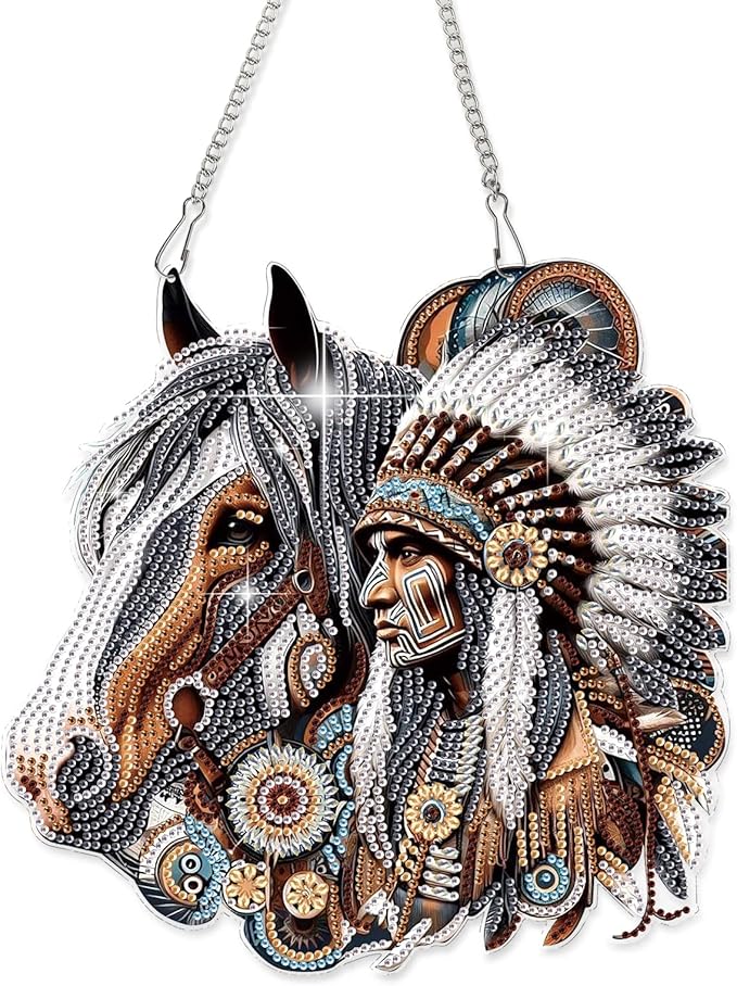 Diamond Art Suncatcher Hanging Kit Native American Horse Design, Special Shaped Diamond Painting Hanging Ornament for Adults DIY Wall Window Decoration