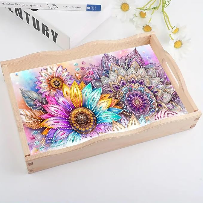 DoxQcs DIY Diamond Art Wooden Food Tray with Handle Diamond Painted Table Decoration Tray for Breakfast Bar Dinner Table Diamonds Art Painting for Beginners-Mandala-1