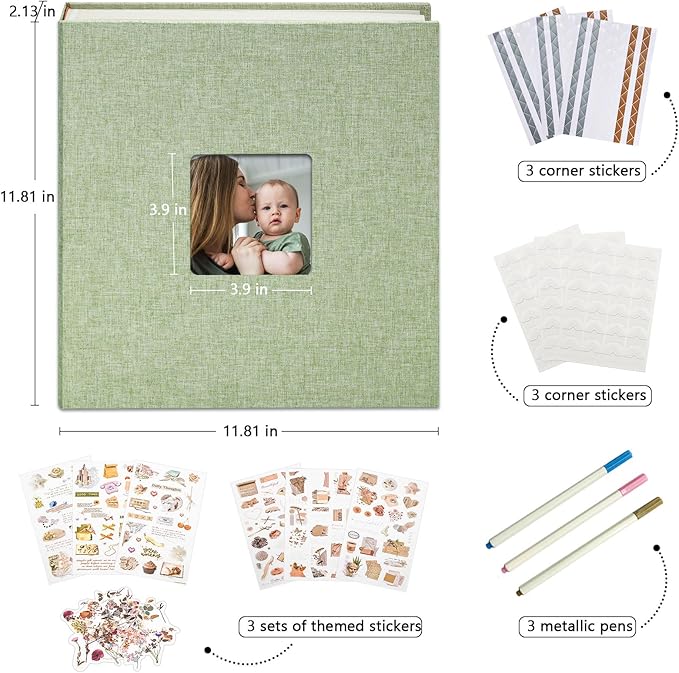 Vienrose Premium Scrapbook Photo Album with Writing Space 12"x12", DIY Scrapbook Album with 100 Pages, Large Photo Book for Baby Family Travel Vacation, Valentine Gift Green