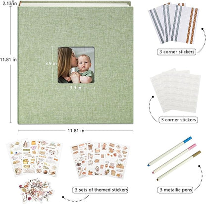 Vienrose Premium Scrapbook Photo Album with Writing Space 12"x12", DIY Scrapbook Album with 100 Pages, Large Photo Book for Baby Family Travel Vacation, Valentine Gift Green