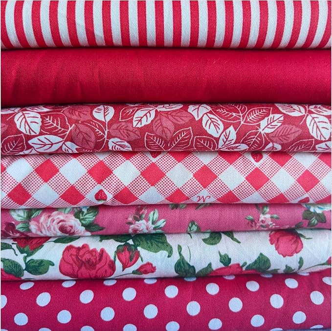 7Pcs 9.8"*9.8"(25cm*25cm) Cotton Fabric DIY Making Supplies Quilting Patchwork Fabric Fat Quarter Bundles DIY for Quilting Cotton Patchwork Cushions(Red, 25 * 25cm)