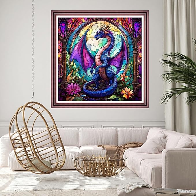 DMCCRAFT Stamped Cross Stitch Kits for Adults 11CT Printed Cross-Stitch Patterns Embroidery Kits Easy Cross Stitching Needlepoint Kits Crossstitch-Colorful Dragon Flower 18x18 inch