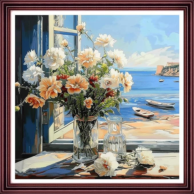 DMCCRAFT Stamped Cross Stitch Kits for Adults 11CT Printed Cross-Stitch Patterns Embroidery Kits Easy Cross Stitching Needlepoint Kits Crossstitch-Window sill Flower Scenery 18x18 inch