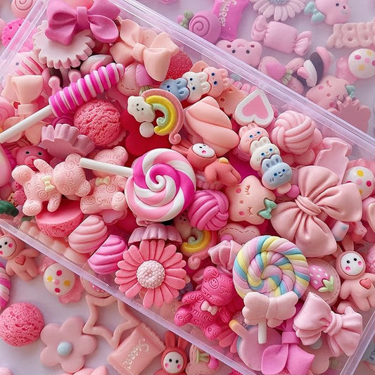 FULUSODO 60pcs Cute Set,Pink Flat Back Bulk Mixed Resin Ornament Scrapbooking Set