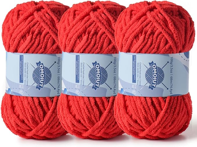 Chunky Chenille Yarn for Crocheting，Baby Yarn for Crocheting Soft Blankets，Bulky Yarns for Crochet Amigurumi，3×100g (3×74.3yds) Fluffy Velvet Yarns for Hand Knitting (3 Bright Red)