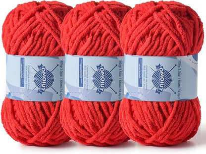 Chunky Chenille Yarn for Crocheting，Baby Yarn for Crocheting Soft Blankets，Bulky Yarns for Crochet Amigurumi，3×100g (3×74.3yds) Fluffy Velvet Yarns for Hand Knitting (3 Bright Red)