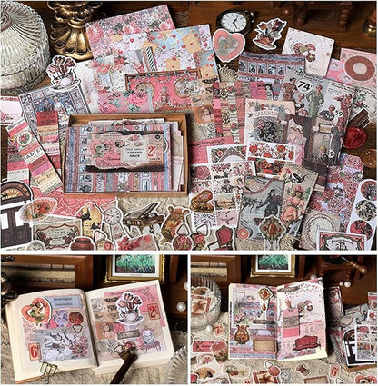 200PCS Vintage Scrapbooking Supplies Pack, Aesthetic Scrapbook Sticker Paper Art Journaling Kit for Junk Journals,Planner,Cottagecore Decor Gifts (Pink Retro Collection)