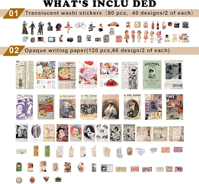 Draupnir 200pcs Vintage Junk Journal Supplies,Scrapbook Supplies Scrapbooking Paper and Stickers Ephemera for Art Aesthetic Journaling Kit Collage (Vintage)