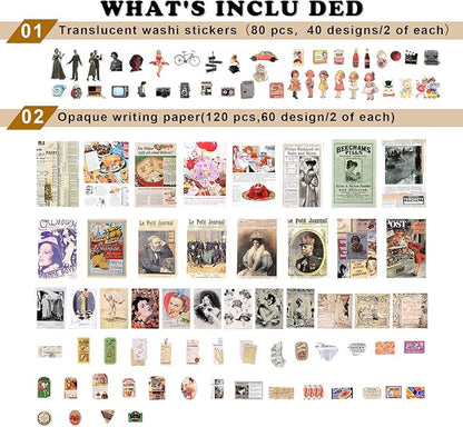 Draupnir 200pcs Vintage Junk Journal Supplies,Scrapbook Supplies Scrapbooking Paper and Stickers Ephemera for Art Aesthetic Journaling Kit Collage (Vintage)