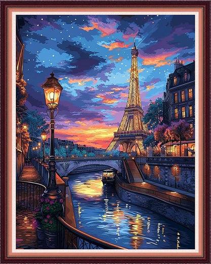 Funxvoot Stamped Cross Stitch Kits for Beginners or Adults Embroidery Starter Patterns | DIY Printed Cross Stitch Kits Needlepoint for Adults 11CT-Iron Tower Twilight 16x20 inch