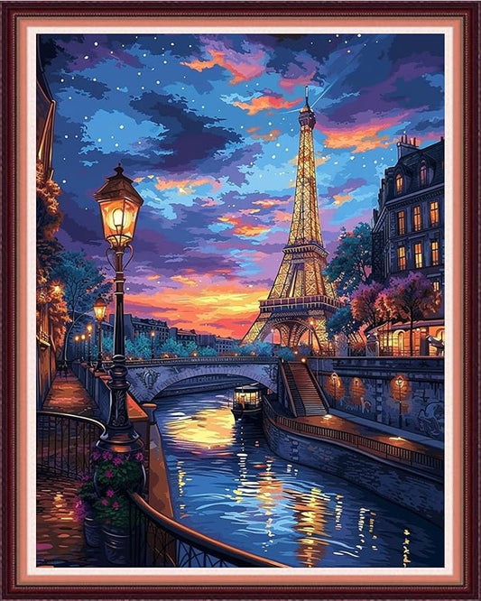 Funxvoot Stamped Cross Stitch Kits for Beginners or Adults Embroidery Starter Patterns | DIY Printed Cross Stitch Kits Needlepoint for Adults 11CT-Iron Tower Twilight 16x20 inch