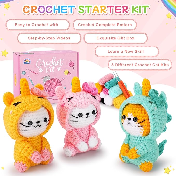 Crochet Kit for Beginners - 3 PCS Unicorn Cat Crochet Kits with Step-by-Step Video Tutorials, Beginner Crochet Kit for Adults, Crochet Animal Kit for Starters, Cat Dressed as Unicorn Set