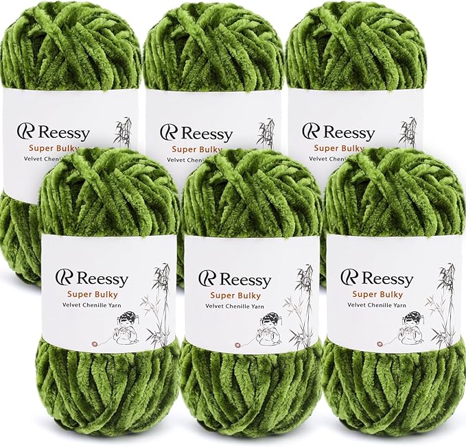 Velvet Chenille Yarn Pack – 6 Skeins × 100g Super Bulky (CYC #6) – Soft Velvet Chunky for Crocheting & Knitting, Fluffy Chenille Yarn for Blankets, Scarves & Crafts (Olive Green)