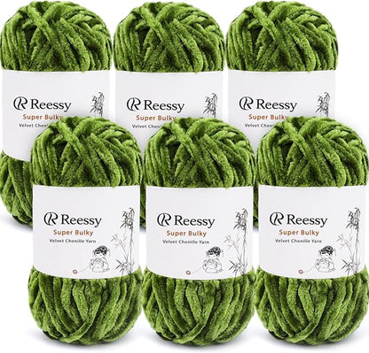 Velvet Chenille Yarn Pack – 6 Skeins × 100g Super Bulky (CYC #6) – Soft Velvet Chunky for Crocheting & Knitting, Fluffy Chenille Yarn for Blankets, Scarves & Crafts (Olive Green)