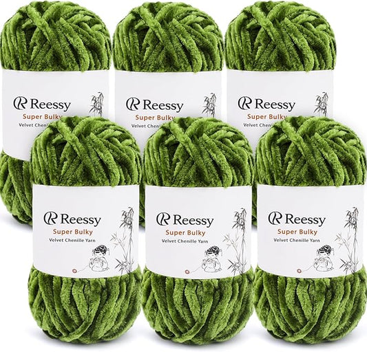 Velvet Chenille Yarn Pack – 6 Skeins × 100g Super Bulky (CYC #6) – Soft Velvet Chunky for Crocheting & Knitting, Fluffy Chenille Yarn for Blankets, Scarves & Crafts (Olive Green)