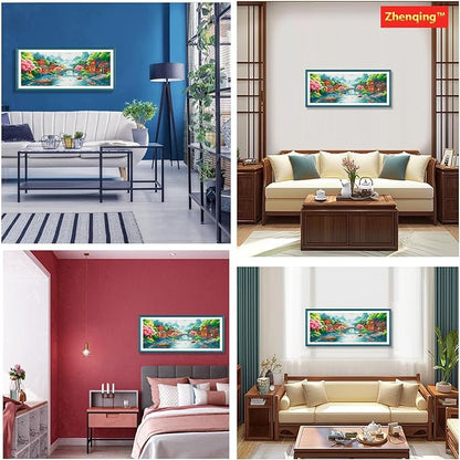 Zhenqing Oriental River Landscape Cross Stitch Kit – 11CT 148x60cm Large Aida Cloth, Cherry Blossom & Ancient Town Design – Chinese Jiangnan Scenery Wall Art(67758)