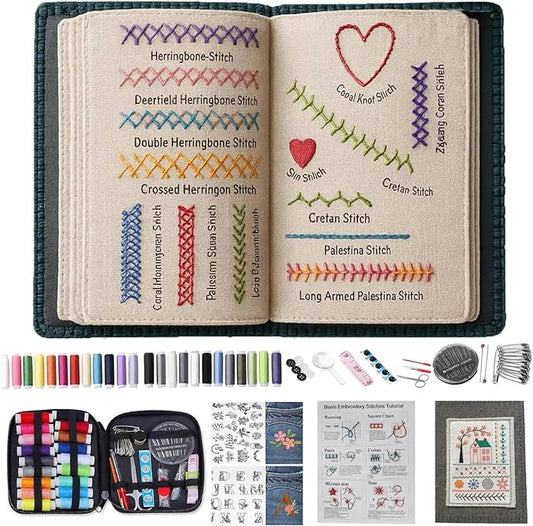 2026 Upgraded Embroidery Stitch Book & Complete Kit for Beginners | Includes 86 Tools,63 Water-Soluble Patterns & 106 Designs with Instructions | Portable Craft Set for Adults & DIY Lovers
