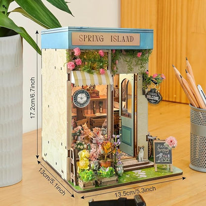 Foyucool DIY Book Nook Kit, Miniature Bookshelf Decor with LED Lights, Laser-Cut Wooden Craft Set for Adults, Creative Gift for Christmas, Birthday, Spring Island