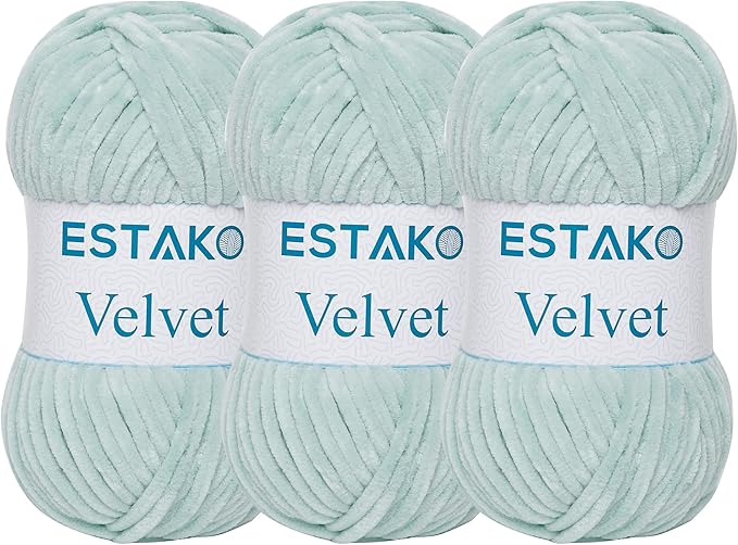 Estako Velvet (3- Skeins Pack) Chenille Blanket amigurumi Yarn for Crocheting and Knitting Super Bulky 3x100 gr (3x132 yds) (1930 - Mint)