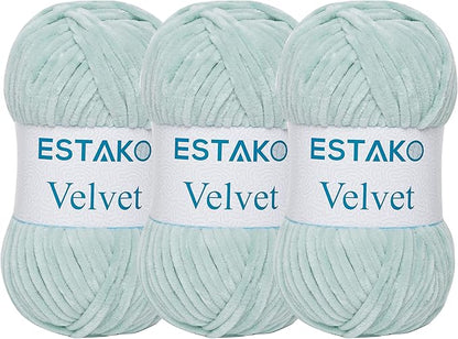 Estako Velvet (3- Skeins Pack) Chenille Blanket amigurumi Yarn for Crocheting and Knitting Super Bulky 3x100 gr (3x132 yds) (1930 - Mint)