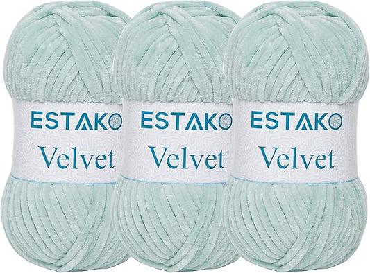 Estako Velvet (3- Skeins Pack) Chenille Blanket amigurumi Yarn for Crocheting and Knitting Super Bulky 3x100 gr (3x132 yds) (1930 - Mint)