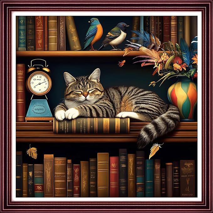 DMCCRAFT Stamped Cross Stitch Kits for Adults 11CT Printed Cross-Stitch Patterns Embroidery Kits Easy Cross Stitching Needlepoint Kits Crossstitch-The Sleeping cat on The Bookshelf 18x18 inch