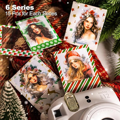 AuriicLeaf Christmas Polaroid PET Stickers, 90 Snow Country Character and Frame Designs for Scrapbooking, Journaling, DIY Crafts, and Holiday Decor