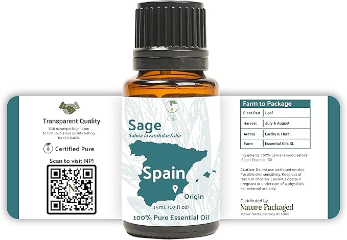 Nature Packaged Sage Essential Oil - Direct from Essential Oils SL Spain - Steam Distilled - Aceite Esencial de Salvia for Aromatherapy, Massage, Diffuser, DIY Candle and Soap Making - 15ml