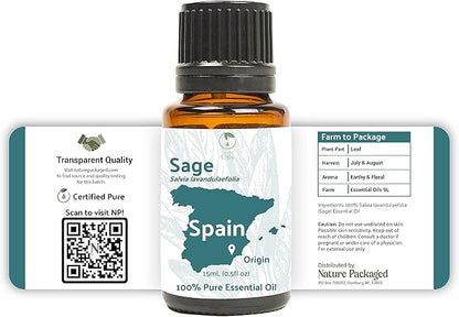 Nature Packaged Sage Essential Oil - Direct from Essential Oils SL Spain - Steam Distilled - Aceite Esencial de Salvia for Aromatherapy, Massage, Diffuser, DIY Candle and Soap Making - 15ml