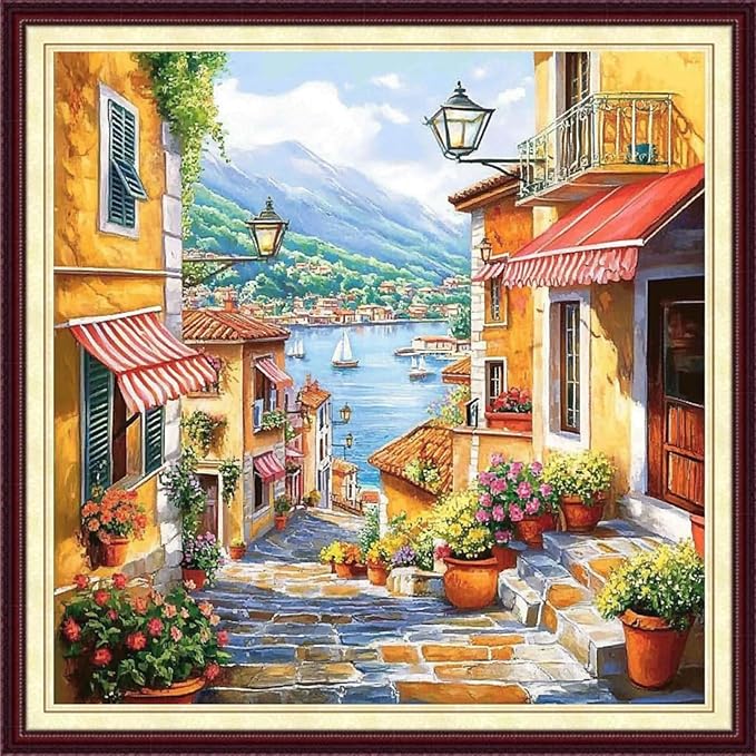 DMCCRAFT Stamped Cross Stitch Kits for Adults 11CT Printed Cross-Stitch Patterns Embroidery Kits Easy Cross Stitching Needlepoint Kits&Seaside Street View 18x18 inch