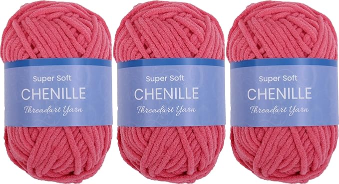 3 Pack ThreadArt Chenille Yarn for Crocheting, Knitting, Amigurumi, Super Soft Plush Velvet Yarn - 50 Gram 60 yds #5 Fluffy Yarn Skeins - Bright Pink 05