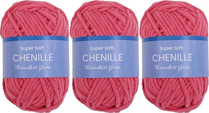 3 Pack ThreadArt Chenille Yarn for Crocheting, Knitting, Amigurumi, Super Soft Plush Velvet Yarn - 50 Gram 60 yds #5 Fluffy Yarn Skeins - Bright Pink 05