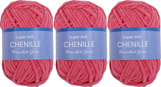 3 Pack ThreadArt Chenille Yarn for Crocheting, Knitting, Amigurumi, Super Soft Plush Velvet Yarn - 50 Gram 60 yds #5 Fluffy Yarn Skeins - Bright Pink 05