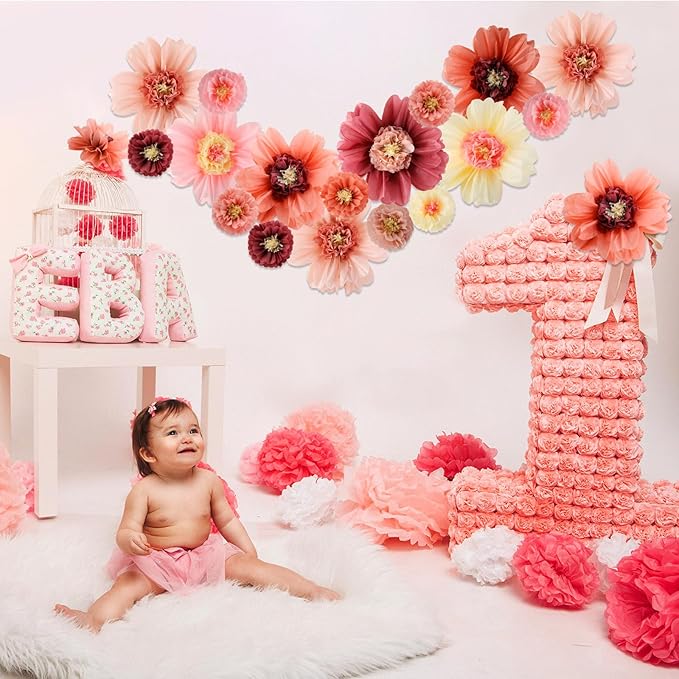 Crowye 24 Pcs Large Colorful Tissue Paper Flowers Decorations 20" Giant Fiesta Craft Crepe Paper Flowers for Wall Decor Backdrop Mexican Wedding Birthday Carnival Party (Vintage Color)