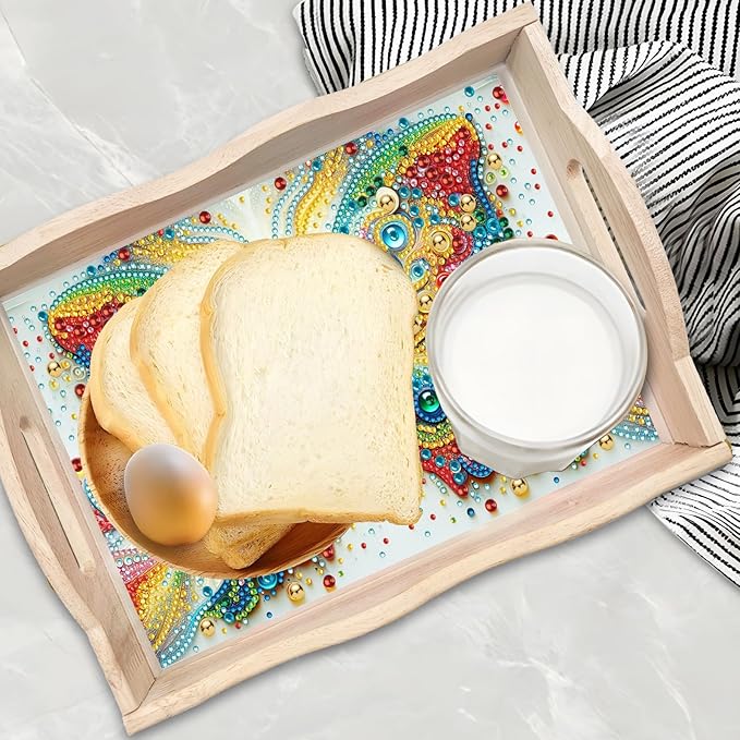 DIY Diamond Art Wooden Tray Kit, Food Tray with Handle Diamond Painted Table Decoration Tray, for Breakfast, Bar Dinner Table Diamond Dots Gem Painting Art Set for Beginners-#29-Butterfly