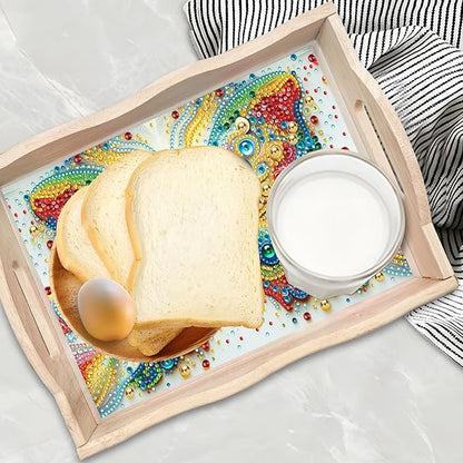 DIY Diamond Art Wooden Tray Kit, Food Tray with Handle Diamond Painted Table Decoration Tray, for Breakfast, Bar Dinner Table Diamond Dots Gem Painting Art Set for Beginners-#29-Butterfly