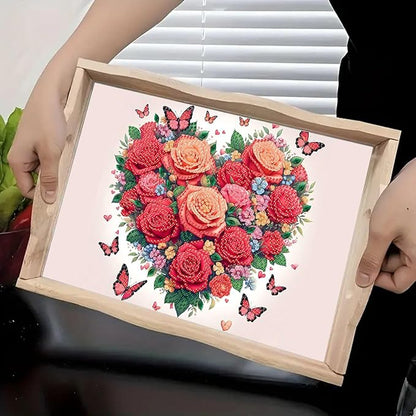 DoxQcs DIY Diamond Art Wooden Tray Kit Easter Food Tray with Handle Diamond Painted Table Decoration Tray for Breakfast Bar Dinner Table Diamond Art Painting for Beginners-Rose Heart