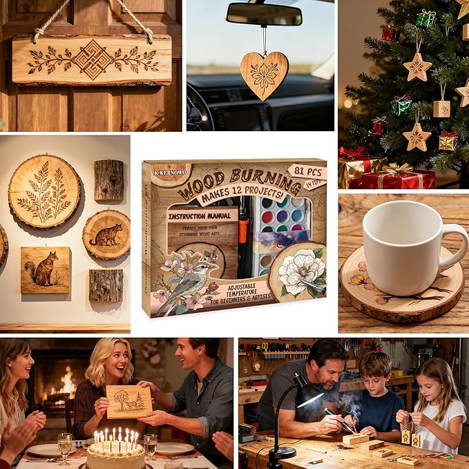 K KERNOWO Wood Burning Kit - 81Pcs All-in-One Wood Burning Tool Pen Adjustable Temperature Wood Burner Kit Crafts Gifts for Adults & Teens, Woodburning Kits for Beginner Pyrography