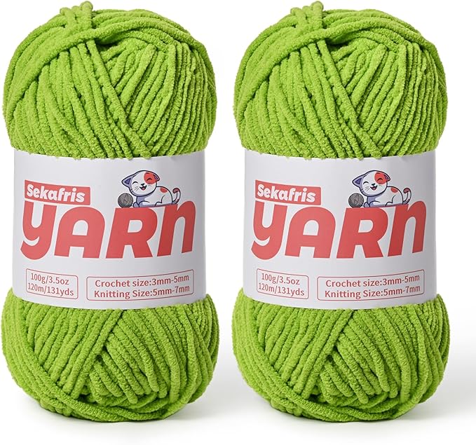 2 Pack Plush Chunky Chenille Yarn for Crocheting, Soft Fluffy Velvet Yarn for Crocheting Amigurumi, Fuzzy Baby Blanket Knitting 200g/262yds Bulky(2 Lime Green)