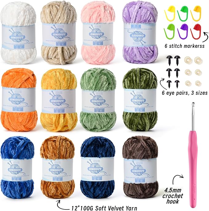 12 Pack 590 yds Chunky Chenille Yarn for Crocheting and Hand Knitting with Black Red White Green Orange Blue Plush Velvet Yarn，Baby Blanket Yarn for Crocheting Soft Amigurumi Yarn E