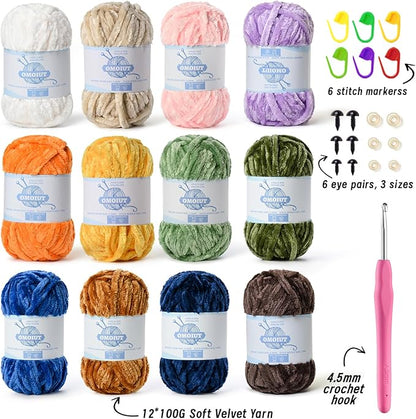 12 Pack 590 yds Chunky Chenille Yarn for Crocheting and Hand Knitting with Black Red White Green Orange Blue Plush Velvet Yarn，Baby Blanket Yarn for Crocheting Soft Amigurumi Yarn E