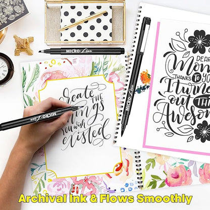 Dyvicl Hand Lettering Pens, Calligraphy Brush Pens Art Markers for Beginners Writing, Sketching, Drawing, Illustration, Scrapbooking, Journaling, Black Ink Pen Set, 8 Sizes