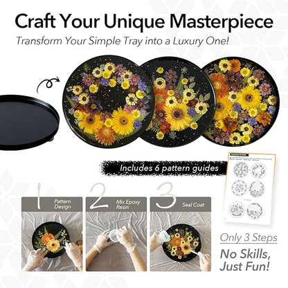 GooCare DIY Decorative Tray Craft Kit for Adult - Create Your Own Real Flower Tray with Epoxy Resin, Metal Tray for Vanity, Perfume, Key, Trinket Organizer, Table Decor (Black, Pro)