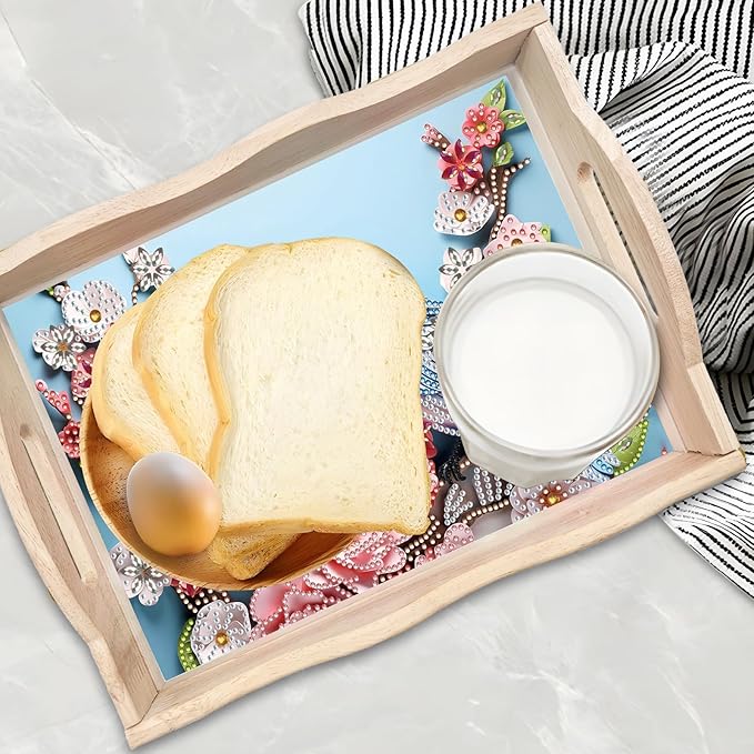 DIY Diamond Art Wooden Tray Kit, Food Tray with Handle Diamond Painted Table Decoration Tray, for Breakfast, Bar Dinner Table Diamond Dots Gem Painting Art Set for Beginners-#40-Bird Flower