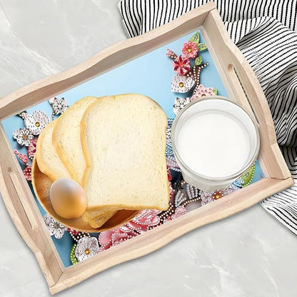 DIY Diamond Art Wooden Tray Kit, Food Tray with Handle Diamond Painted Table Decoration Tray, for Breakfast, Bar Dinner Table Diamond Dots Gem Painting Art Set for Beginners-#40-Bird Flower